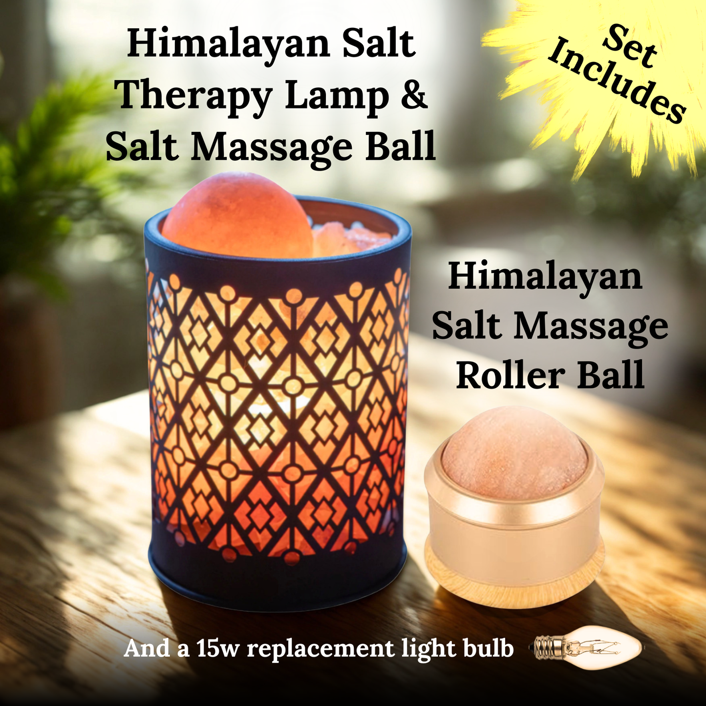 Himalayan Salt Therapy Lamp and Roller Ball Set- Iron Diamond