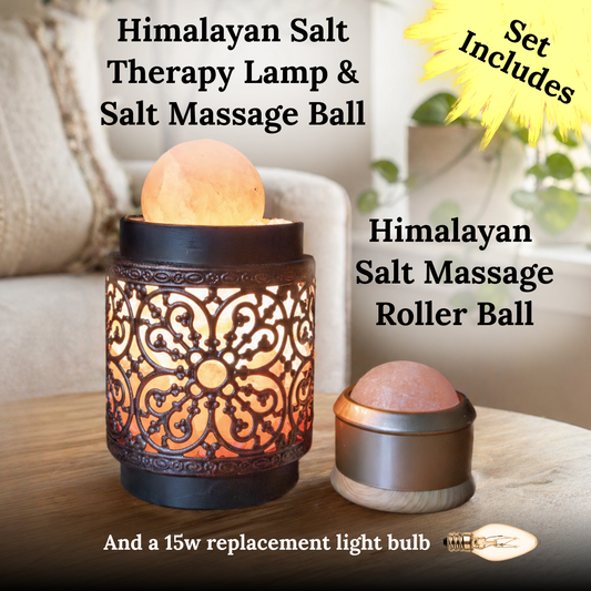 Himalayan Salt Therapy Lamp and Roller Ball Set- Burnished Bloom